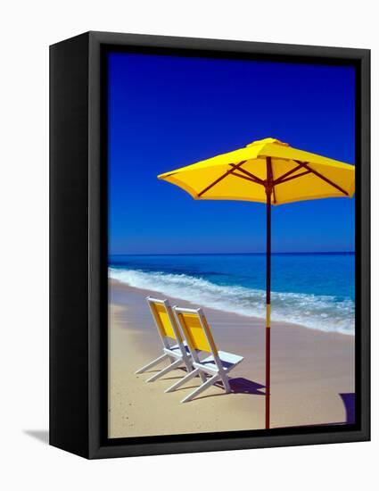 Yellow Chairs and Umbrella on Pristine Beach, Caribbean-Greg Johnston-Framed Stretched Canvas