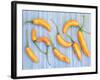 Yellow Chilli Peppers Chillies Freshly Harvested on Pale Blue Background-Gary Smith-Framed Photographic Print