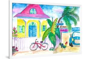 Yellow Conch House Tropical Street Scene With Bike and Rooster-M. Bleichner-Framed Art Print