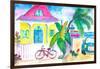 Yellow Conch House Tropical Street Scene With Bike and Rooster-M. Bleichner-Framed Art Print