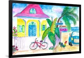 Yellow Conch House Tropical Street Scene With Bike and Rooster-M. Bleichner-Framed Art Print