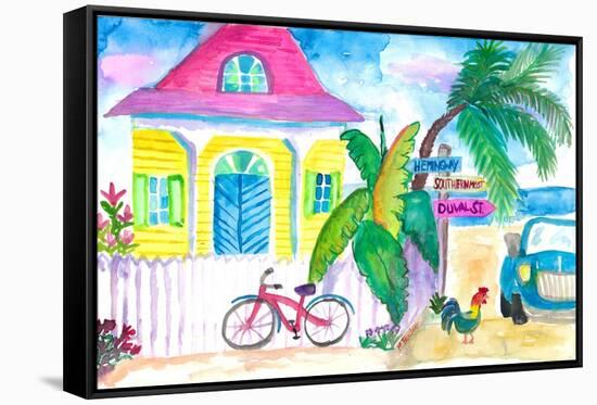 Yellow Conch House Tropical Street Scene With Bike and Rooster-M. Bleichner-Framed Stretched Canvas