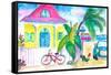 Yellow Conch House Tropical Street Scene With Bike and Rooster-M. Bleichner-Framed Stretched Canvas