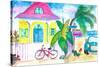 Yellow Conch House Tropical Street Scene With Bike and Rooster-M. Bleichner-Stretched Canvas