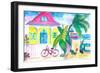 Yellow Conch House Tropical Street Scene With Bike and Rooster-M. Bleichner-Framed Premium Giclee Print