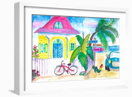 Yellow Conch House Tropical Street Scene With Bike and Rooster-M. Bleichner-Framed Premium Giclee Print