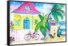 Yellow Conch House Tropical Street Scene With Bike and Rooster-M. Bleichner-Framed Stretched Canvas