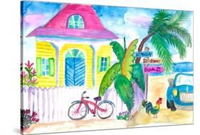 Yellow Conch House Tropical Street Scene With Bike and Rooster-M. Bleichner-Stretched Canvas