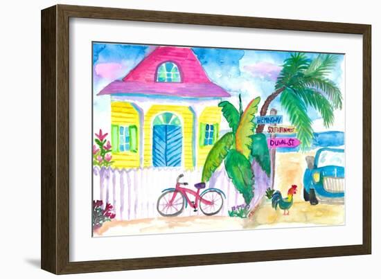 Yellow Conch House Tropical Street Scene With Bike and Rooster-M. Bleichner-Framed Art Print