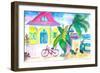 Yellow Conch House Tropical Street Scene With Bike and Rooster-M. Bleichner-Framed Art Print