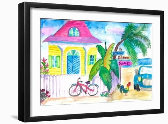 Yellow Conch House Tropical Street Scene With Bike and Rooster-M. Bleichner-Framed Art Print