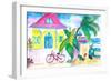 Yellow Conch House Tropical Street Scene With Bike and Rooster-M. Bleichner-Framed Art Print