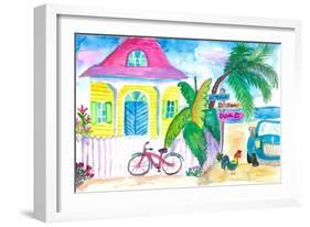 Yellow Conch House Tropical Street Scene With Bike and Rooster-M. Bleichner-Framed Art Print