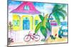 Yellow Conch House Tropical Street Scene With Bike and Rooster-M. Bleichner-Mounted Art Print