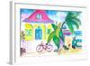 Yellow Conch House Tropical Street Scene With Bike and Rooster-M. Bleichner-Framed Art Print