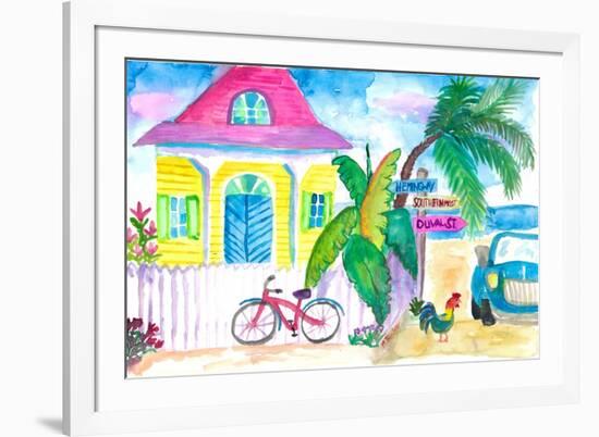 Yellow Conch House Tropical Street Scene With Bike and Rooster-M. Bleichner-Framed Art Print