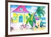 Yellow Conch House Tropical Street Scene With Bike and Rooster-M. Bleichner-Framed Art Print