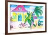 Yellow Conch House Tropical Street Scene With Bike and Rooster-M. Bleichner-Framed Art Print