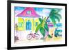 Yellow Conch House Tropical Street Scene With Bike and Rooster-M. Bleichner-Framed Art Print