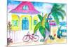 Yellow Conch House Tropical Street Scene With Bike and Rooster-M. Bleichner-Mounted Art Print