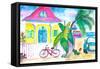 Yellow Conch House Tropical Street Scene With Bike and Rooster-M. Bleichner-Framed Stretched Canvas
