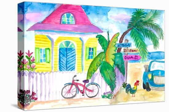 Yellow Conch House Tropical Street Scene With Bike and Rooster-M. Bleichner-Stretched Canvas