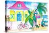 Yellow Conch House Tropical Street Scene With Bike and Rooster-M. Bleichner-Stretched Canvas