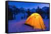 Yellow dome tent in winter, John Muir Wilderness, Sierra Nevada Mountains, California, USA-Russ Bishop-Framed Stretched Canvas