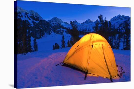 Yellow dome tent in winter, John Muir Wilderness, Sierra Nevada Mountains, California, USA-Russ Bishop-Stretched Canvas