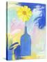 Yellow Flower Blue Bottle-Peggy Brown-Stretched Canvas