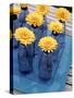 Yellow Gerberas in Blue Bottles-Elke Borkowski-Stretched Canvas