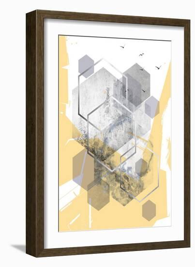 Yellow Grey Abstract Hexagons 1-Urban Epiphany-Framed Art Print