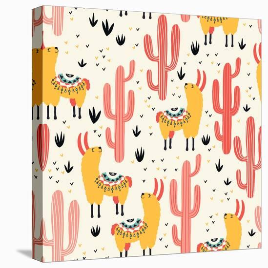 Yellow Llamas and Red Cacti Pattern-Lidiebug-Stretched Canvas