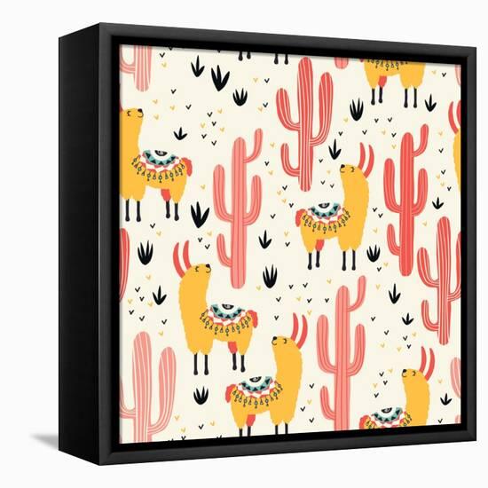 Yellow Llamas and Red Cacti Pattern-Lidiebug-Framed Stretched Canvas