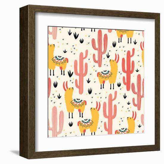 Yellow Llamas and Red Cacti Pattern-Lidiebug-Framed Art Print