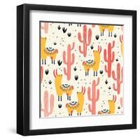 Yellow Llamas and Red Cacti Pattern-Lidiebug-Framed Art Print