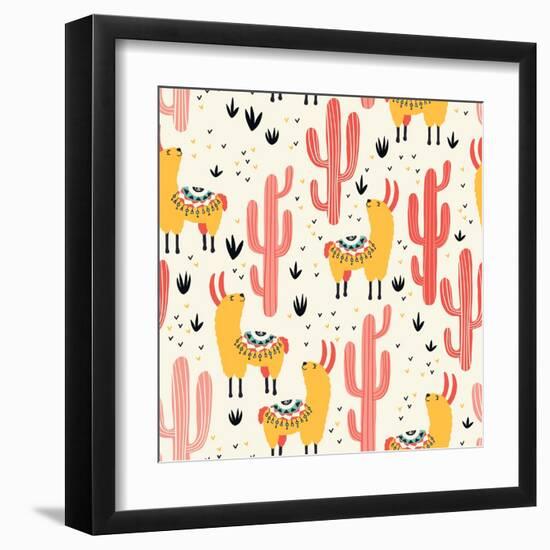 Yellow Llamas and Red Cacti Pattern-Lidiebug-Framed Art Print