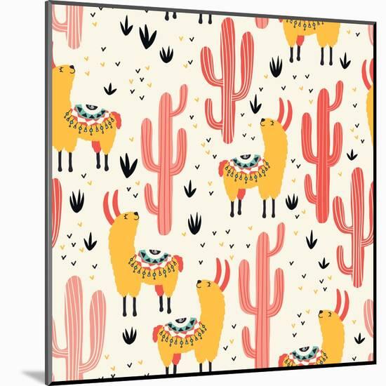 Yellow Llamas and Red Cacti Pattern-Lidiebug-Mounted Art Print