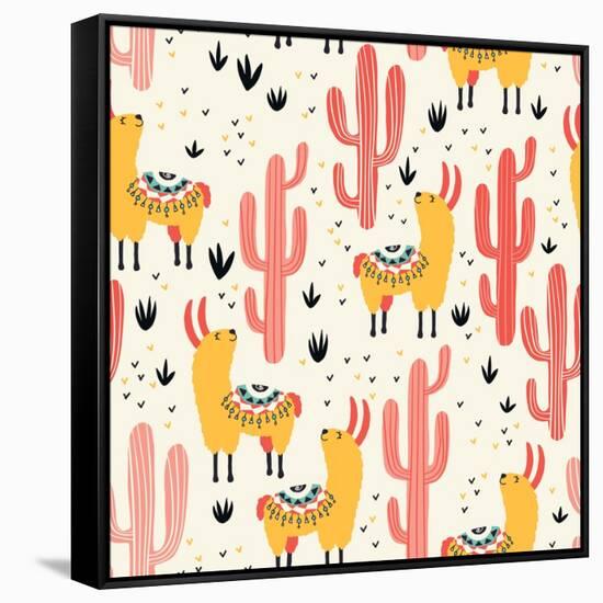 Yellow Llamas and Red Cacti Pattern-Lidiebug-Framed Stretched Canvas