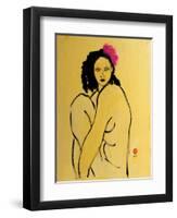 Yellow Nude with Pink Hibiscus Seated (II), 2015-Susan Adams-Framed Giclee Print