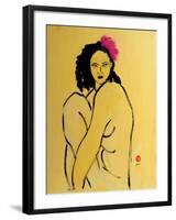 Yellow Nude with Pink Hibiscus Seated (II), 2015-Susan Adams-Framed Premium Giclee Print