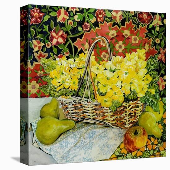 Yellow Primroses in a Basket, with Fruit and Textiles, 2010-Joan Thewsey-Stretched Canvas