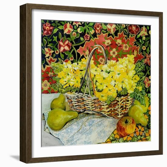 Yellow Primroses in a Basket, with Fruit and Textiles, 2010-Joan Thewsey-Framed Giclee Print