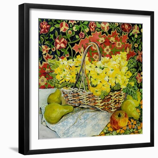 Yellow Primroses in a Basket, with Fruit and Textiles, 2010-Joan Thewsey-Framed Giclee Print