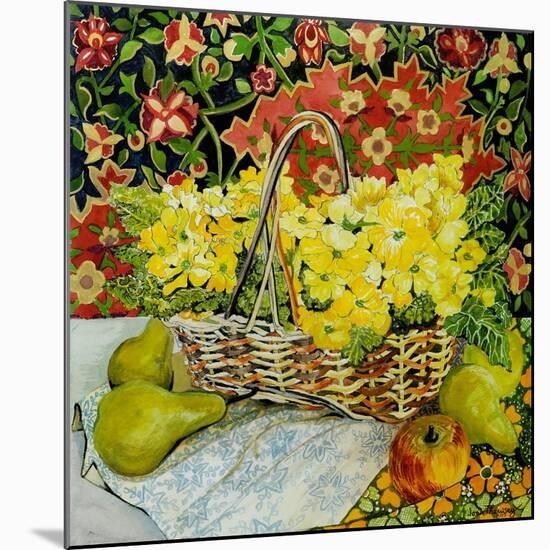 Yellow Primroses in a Basket, with Fruit and Textiles, 2010-Joan Thewsey-Mounted Giclee Print