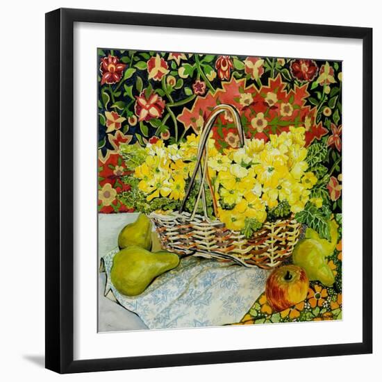 Yellow Primroses in a Basket, with Fruit and Textiles, 2010-Joan Thewsey-Framed Giclee Print