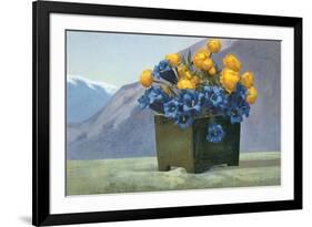 Yellow Ranunculus and Bluebells-null-Framed Art Print