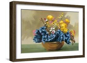 Yellow Ranunculus and Bluebells-null-Framed Art Print