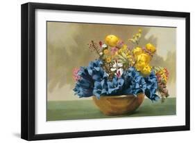 Yellow Ranunculus and Bluebells-null-Framed Art Print