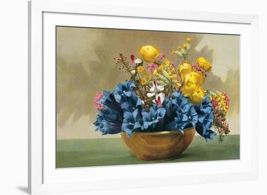 Yellow Ranunculus and Bluebells-null-Framed Art Print